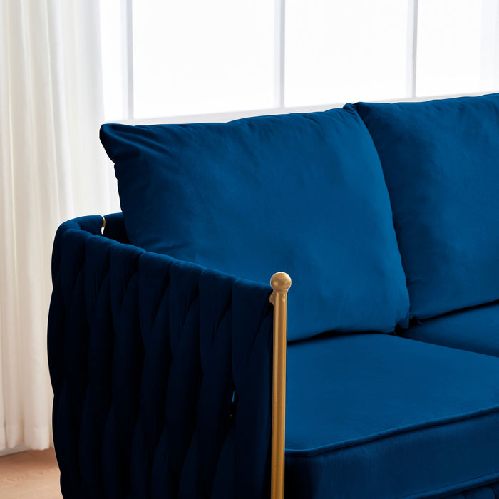 Mid Century Modern Velvet Loveseat Sofa Small Love Seats Handmade Woven & Golden Legs Comfy Couch For Living Room, Upholstered 2 Seater Sofa For Small Apartment, Blue Velvet