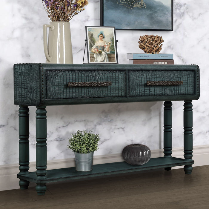 Imitation Crocodile Skin Apperance Sofa Table, 54 Inch Pine Wood Console Table With 2 Power Outlets And 2 Usb Ports For Entryway/Hallway/ Living Room With Solid Wood Legs Antique Green