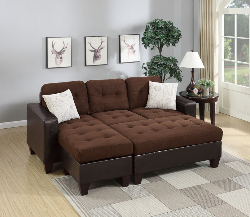 Chocolate Plush Microfiber / Faux Leather 3 Pieces Reversible Sectional Sofa Chaise With Ottoman Chaise Tufted Couch Lounge Living Room Furniture