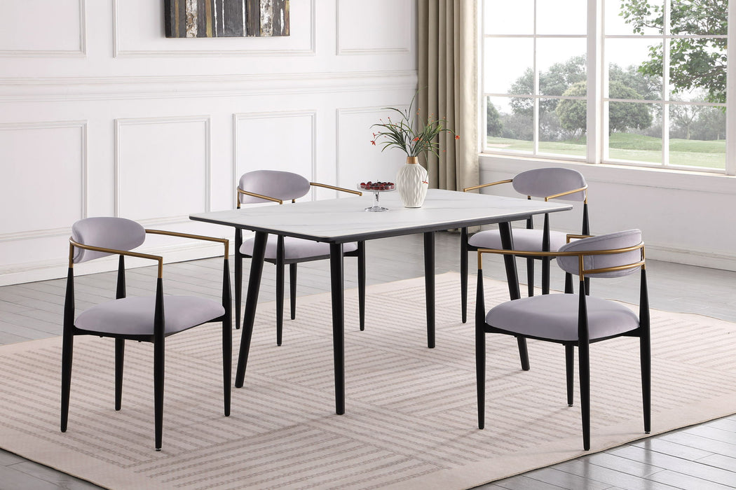 Modern Contemporary 5 Pieces Dining Set White Sintered Stone Table And Gray Chairs Fabric Upholstered Stylish Furniture
