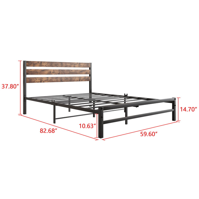 Queen Size Platform Bed Frame With Rustic Vintage Wood Headboard, Strong Metal Slats Support Mattress Foundation, No Box Spring Needed Rustic Brown