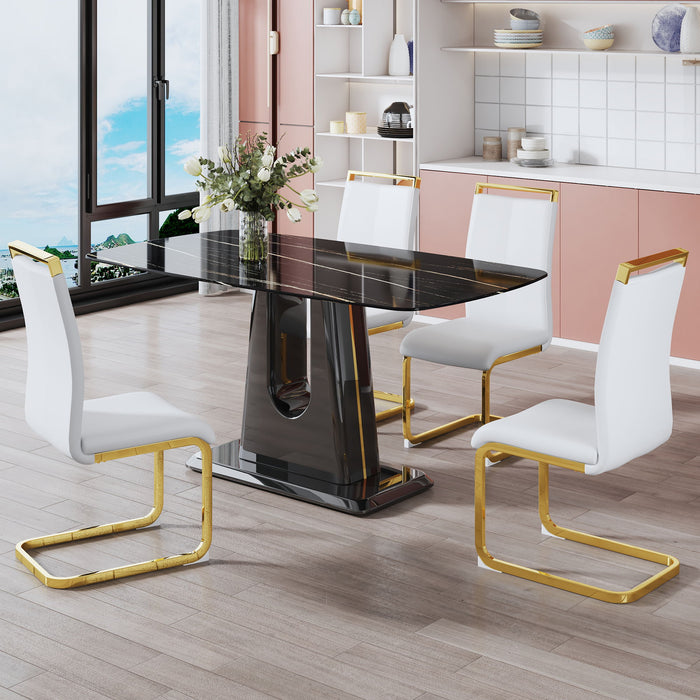 1 Table And 4 Chairs Modern, Simple And Luxurious Black Imitation Marble Rectangular Dining Table And Desk With 4 White PU Gold Plated Leg Chairs