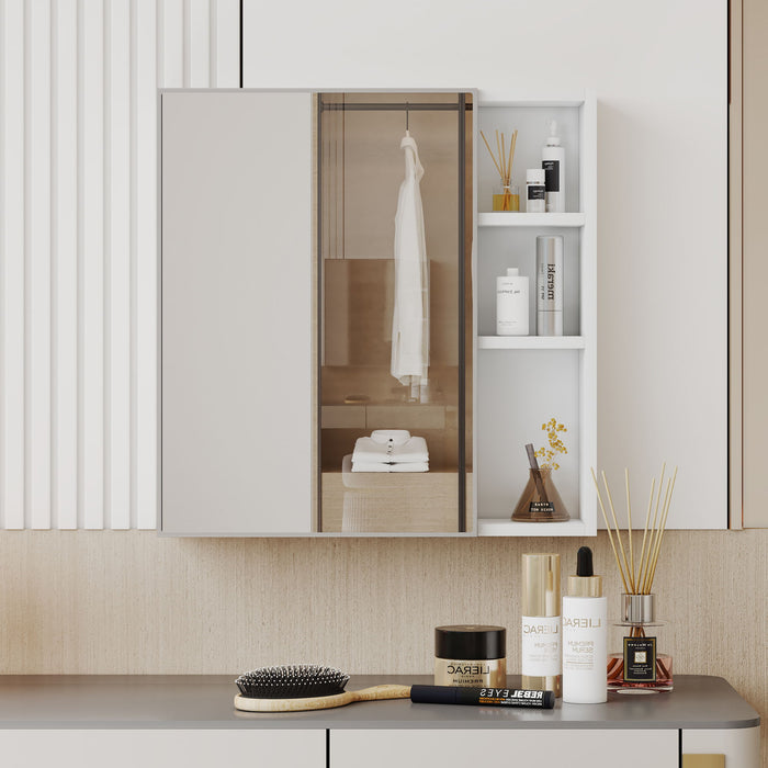 A White MDF Material Mirror Cabinet, Bathroom Mirror, And A Separate Wall Mounted Bathroom Mirror For Storage And Space Saving