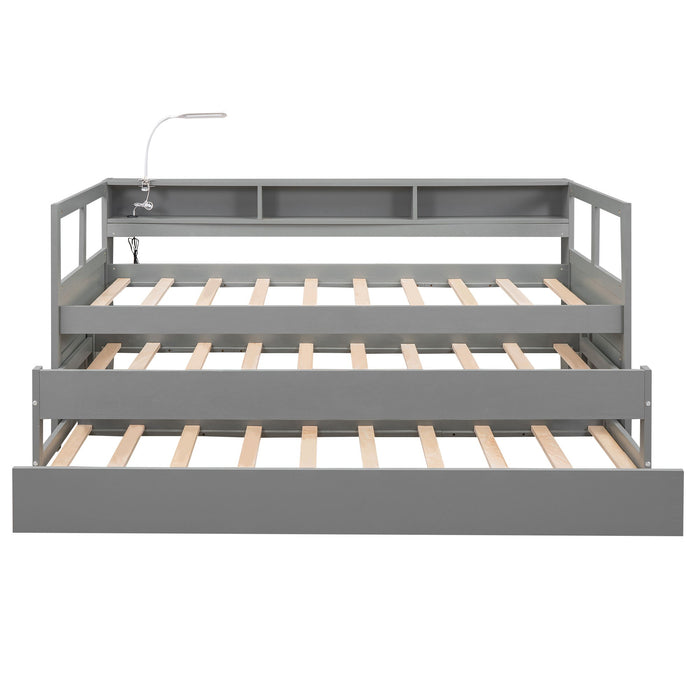 Twin Xl Wood Daybed With 2 Trundles, 3 Storage Cubbies, 1 Light For Free And Usb Charging Design, Gray