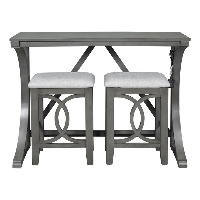 Topmax Farmhouse 3 Piece Counter Height Dining Table Set With USB Port And Upholstered Stools, Gray