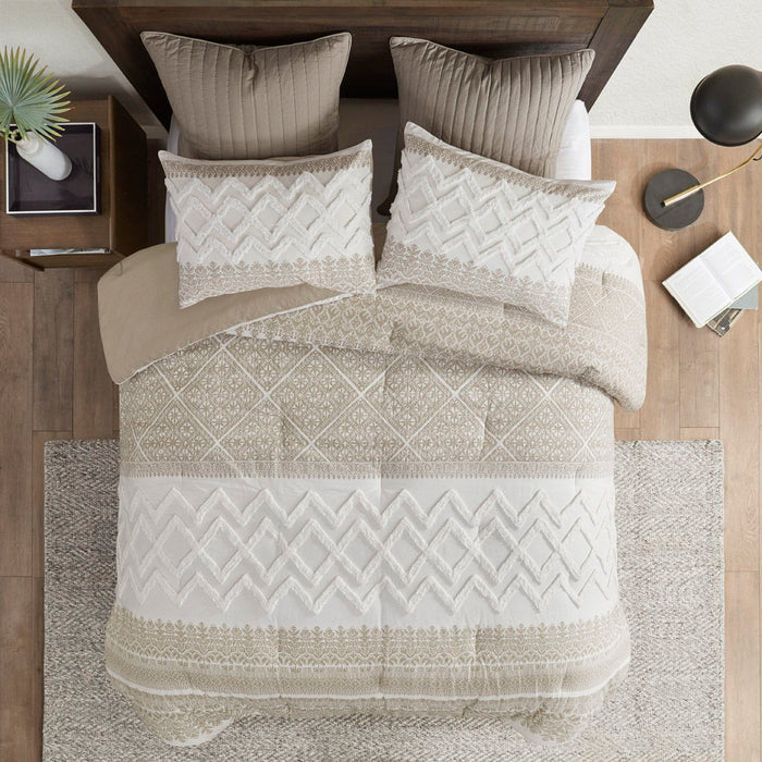 3 Piece Cotton Comforter Set With Chenille Tufting, Taupe