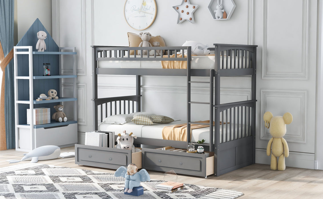 Twin Over Twin Bunk Bed With Drawers, Convertible Beds - Gray