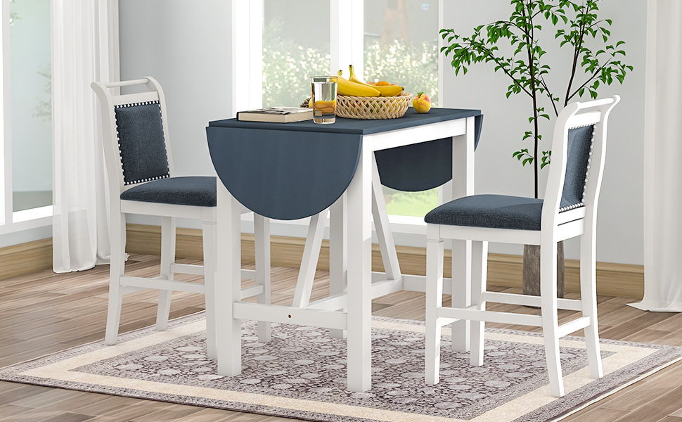 Topmax 3 Piece Wood Counter Height Drop Leaf Dining Table Set With 2 Upholstered Dining Chairs For Small Place, White + Gray
