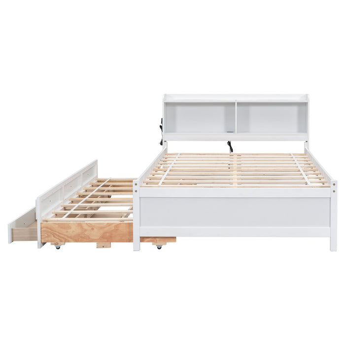 Full Size Bed With USB & Type-C Ports, LED Light, Bookcase Headboard, Trundle And 3 Storage Drawers, Full Size Size Bed With Bookcase Headboard, Trundle And Storage Drawers, White