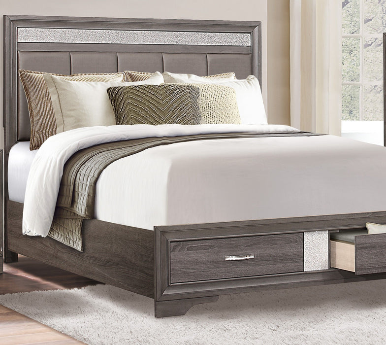 Queen Platform Bed With Footboard Drawers Upholstered Headboard, Gray And Silver Glitter, Contemporary Bedroom Furniture