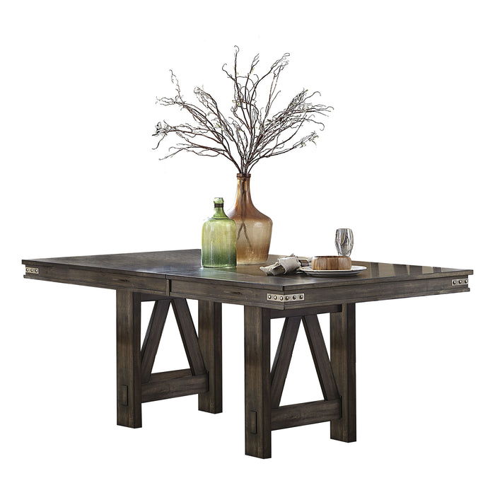 Rustic Industrial Style Dining Furniture 7 Piece Set Brown Finish Dining Table With Self-Storing Butterfly Leaf And 6 Side Chairs Solid Rubber Wood Furniture