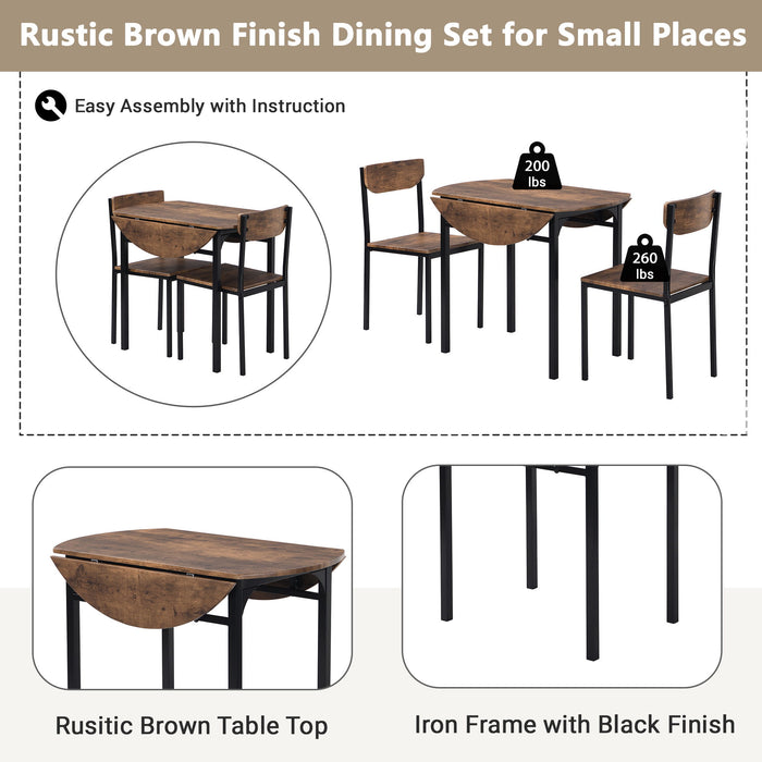 Topmax Modern 3 Piece Round Dining Table Set With Drop Leaf And 2 Chairs For Small Places, Black Frame / Rustic Brown Finish
