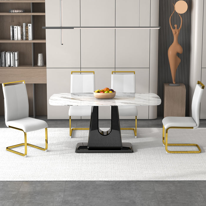 1 Table And 4 Chairs Modern, Simple And Luxurious White Imitation Marble Rectangular Dining Table And Desk With 4 White PU Gold Plated Leg Chairs