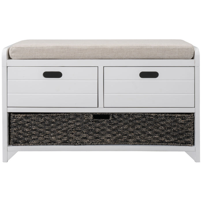 Trexm Storage Bench With Removable Basket And 2 Drawers, Fully Assembled Shoe Bench With Removable Cushion (White)
