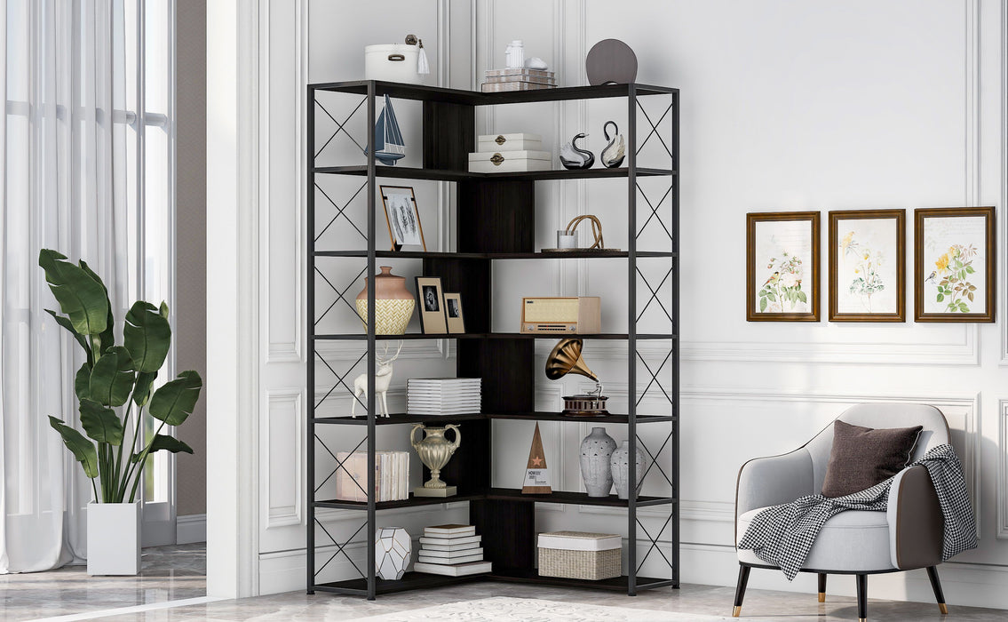 7 Tier Bookcase Home Office Bookshelf, Shaped Corner Bookcase With Metal Frame, Industrial Style Shelf With Open Storage