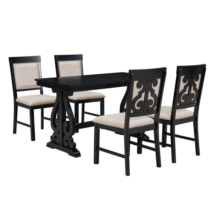 Trexm 5 Piece Retro Dining Set, Rectangular Wooden Dining Table And 4 Upholstered Chairs For Dining Room And Kitchen (Black)