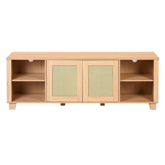 64.4" Rattan TV Stand For 65/70" TV Living Room Storage Console Entertainment Center, 2 Open Doors
