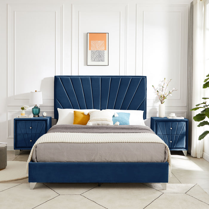B108 Full Bed With Two Nightstands, Beautiful Line Stripe Cushion Headboard, Strong Wooden Slats And Metal Legs With Electroplate - Blue