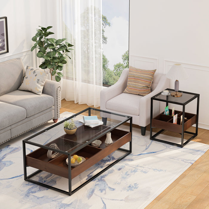 Modern Coffee Table Side Table With Storage Shelf And Metal Table Legs For Bedroom, Living Room (Set of 2)