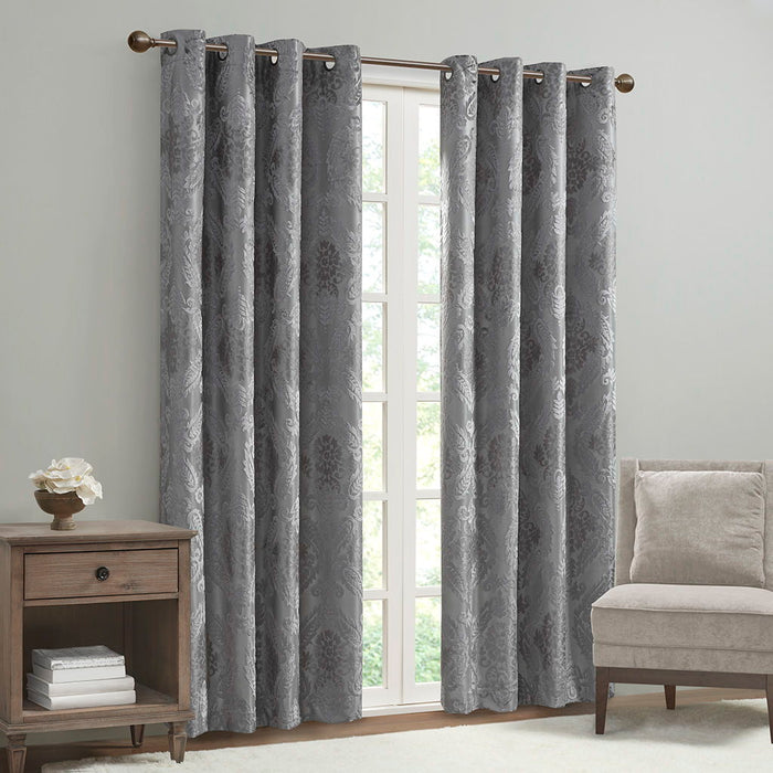 Knitted Jacquard Paisley Total Blackout Grommet Top Curtain Panel In Grey