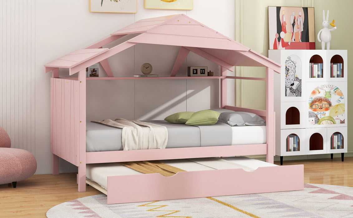 Wood Twin Size House Bed With Trundle And Storage, Pink