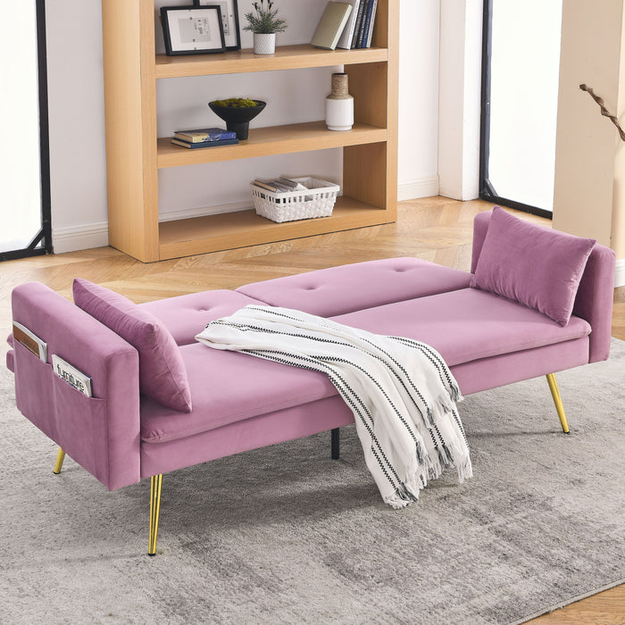 Convertible Sofa Bed, Adjustable Velvet Sofa Bed - Velvet Folding Lounge Recliner - Reversible Daybed - Ideal For Bedroom With Two Pillows And Center Leg - Pink