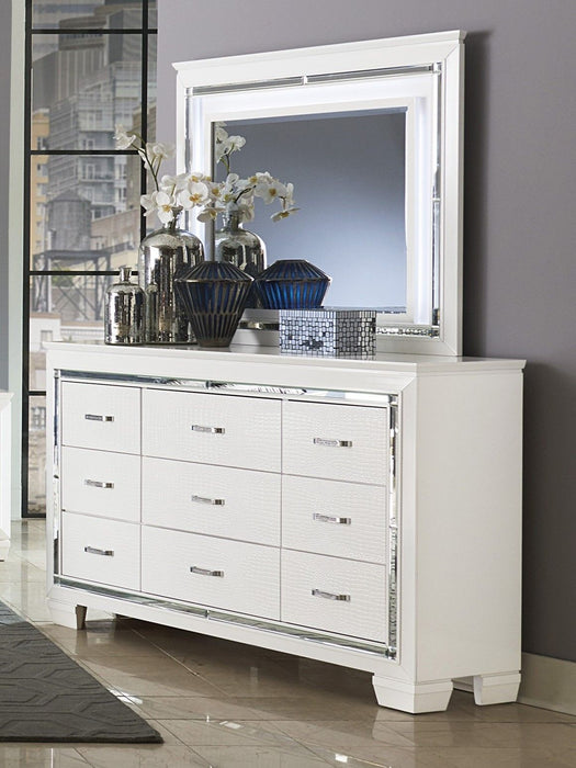 White Finish Dresser Bold Design 9 Drawers Glamorous Faux - Alligator Textured Fronts Wooden Bedroom Furniture