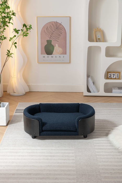 Scandinavian Style Elevated Dog Bed Pet Sofa With Solid Wood Legs And Black Bent Wood Back, Cashmere Cushion, Mid Size - Dark Blue