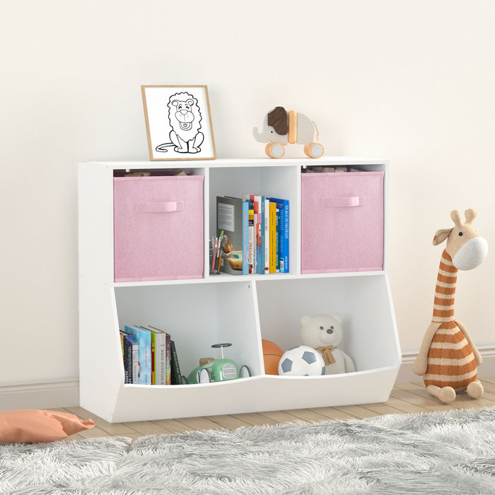 Kids Bookcase With Collapsible Fabric Drawers, Children's Toy Storage Cabinet For Playroom, Bedroom, Nursery, School, White/Pink