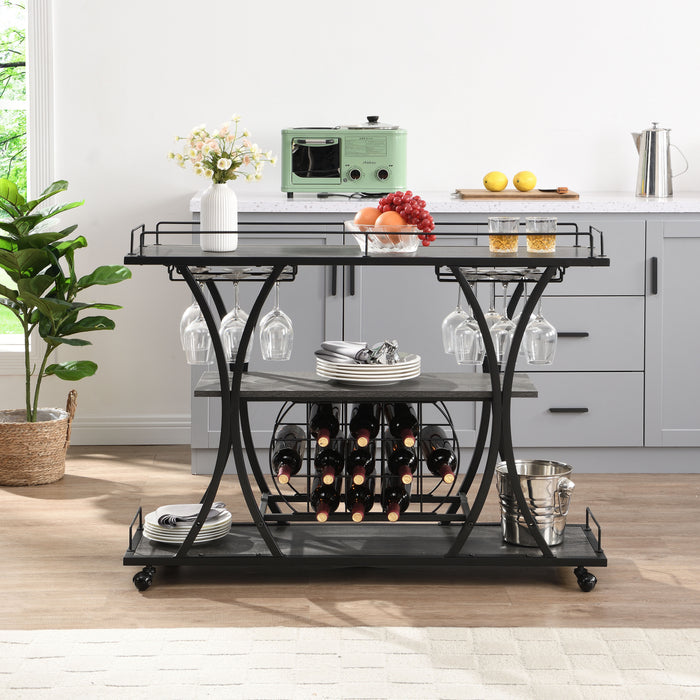 Industrial Bar Cart Kitchen Bar & Serving Cart For Home With Wheels 3-Tier Storage Shelves
