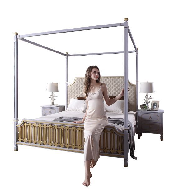 House - Marchese California King Bed - Beige PU, Gold & Pearl Gray Finish Unique Piece Furniture