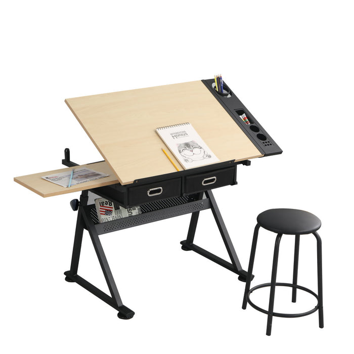 Adjustable Drawing Drafting Table Desk With 2 Drawers For Home Office And School With Stool (Wood)