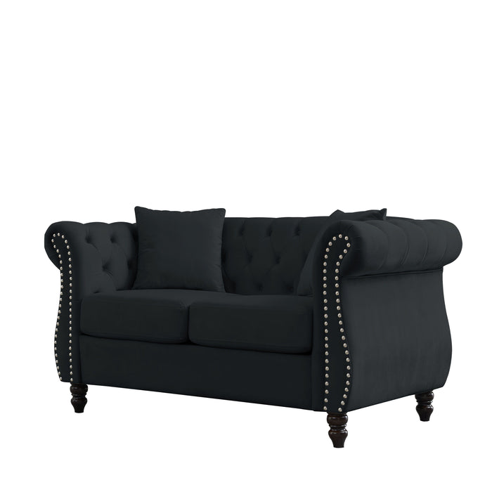 Chesterfield Sofa Black Velvet For Living Room, 3 Seater Sofa Tufted Couch With Rolled Arms And Nailhead For Living Room, Bedroom, Office, Apartment, 3 Seater With 3 Seater