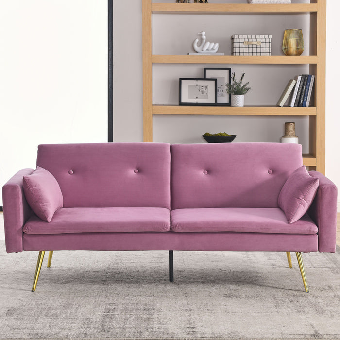 Convertible Sofa Bed, Adjustable Velvet Sofa Bed - Velvet Folding Lounge Recliner - Reversible Daybed - Ideal For Bedroom With Two Pillows And Center Leg - Pink
