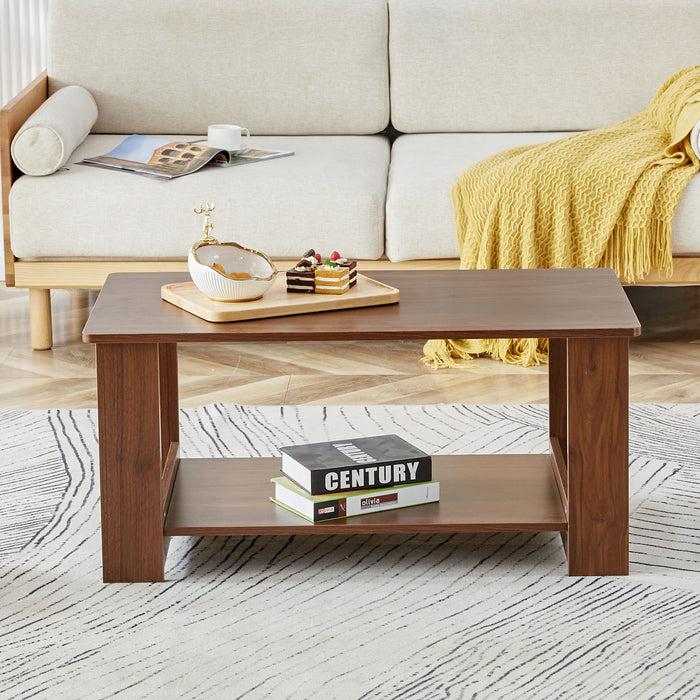 Modern Minimalist Walnut Colored Double Layered Rectangular Coffee Table, Tea Table.Mdf Material Is More Durable, Suitable For Living Room, Bedroom, And Study Room