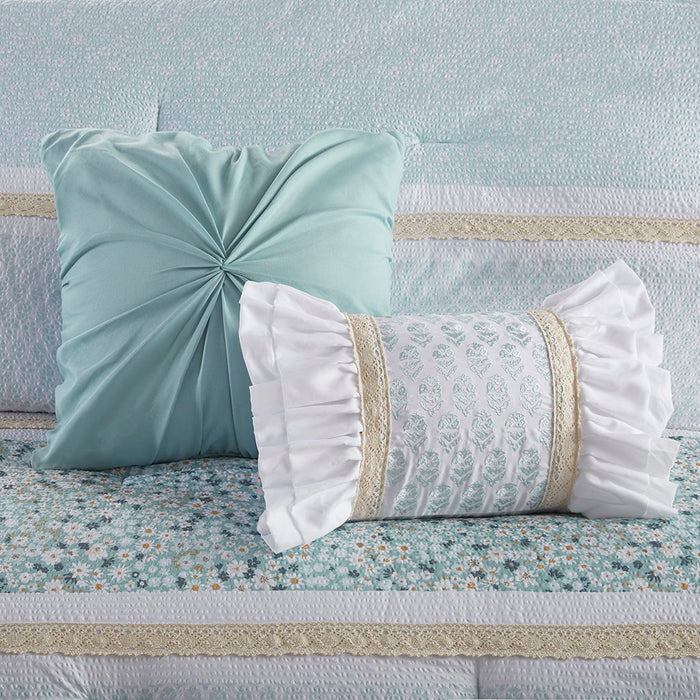 5 Piece Seersucker Comforter Set With Throw Pillows - Aqua