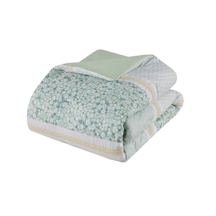 5 Piece Seersucker Comforter Set With Throw Pillows - Green
