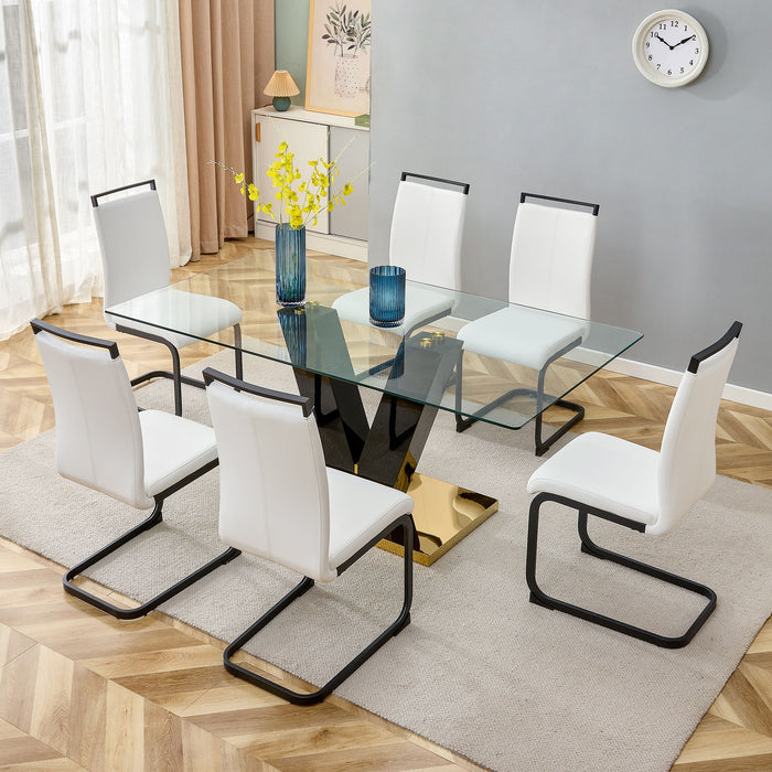 Large Modern Minimalist Rectangular Glass Dining Table For 6-8 With 0.39" Tempered Glass Tabletop And Mdf Slab V-Shaped Bracket And Metal Base, For Kitchen Dining Living Meeting Room Banquet Hall