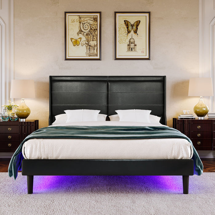 Stylish Queen Size Leather Upholstered Bed Frame Platform Bed With Lights Stitched Wing - Backed Headboard Strong Wooden Slats Bed Canopy No Box Spring Needed Black