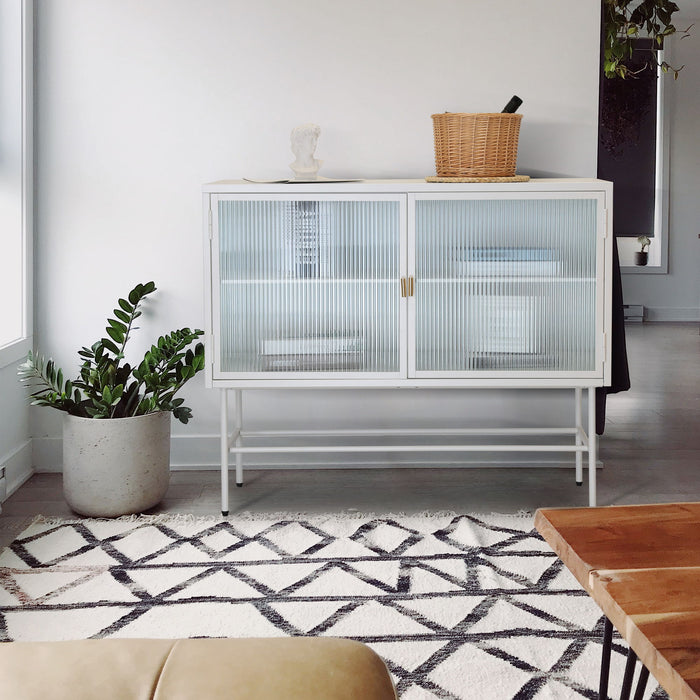 White Sideboard Storage Cabinet / With Two Fluted Glass Doors Detachable Shelves Bottom Space For Living Room, Office, Dinging Room And Entryway