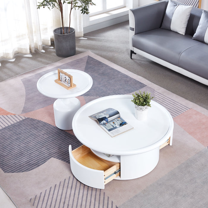 2 Pieces White MDF Round Coffee Table Set For Living Room, Bedroom - White
