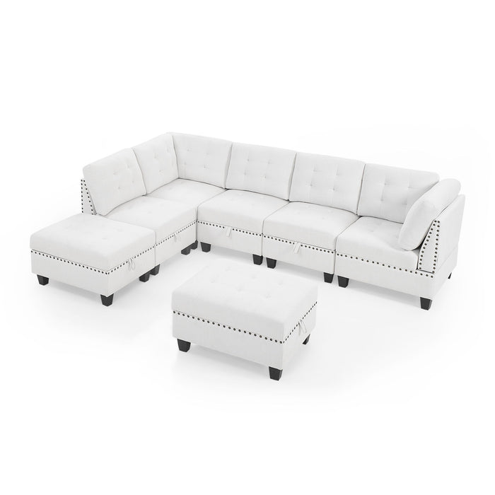 L-Shape Modular Sectional Sofa, Diy Combination, Includes Three Single Chair, Two Corner And Two Ottoman, Ivory Chenille