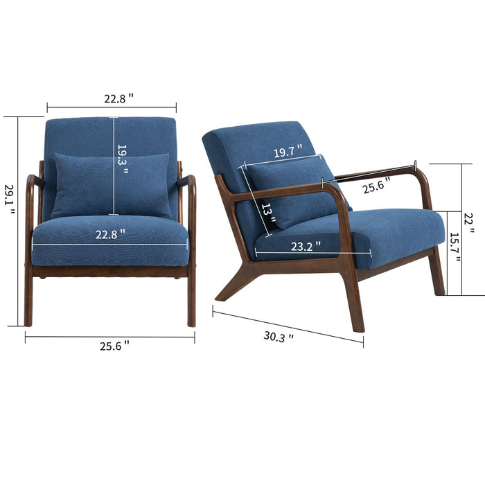 Mid Century Modern Accent Chair With Wood Frame, Upholstered Living Room Chairs With Waist Cushion - Blue