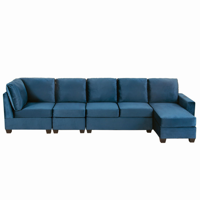 Modern L-Shape Sectional Sofa, 6-Seat Velvet Fabric Couch With Convertible Chaise Lounge, Freely Combinable Indoor Furniture For Living Room, Apartment, Office, 3 Colors - Navy