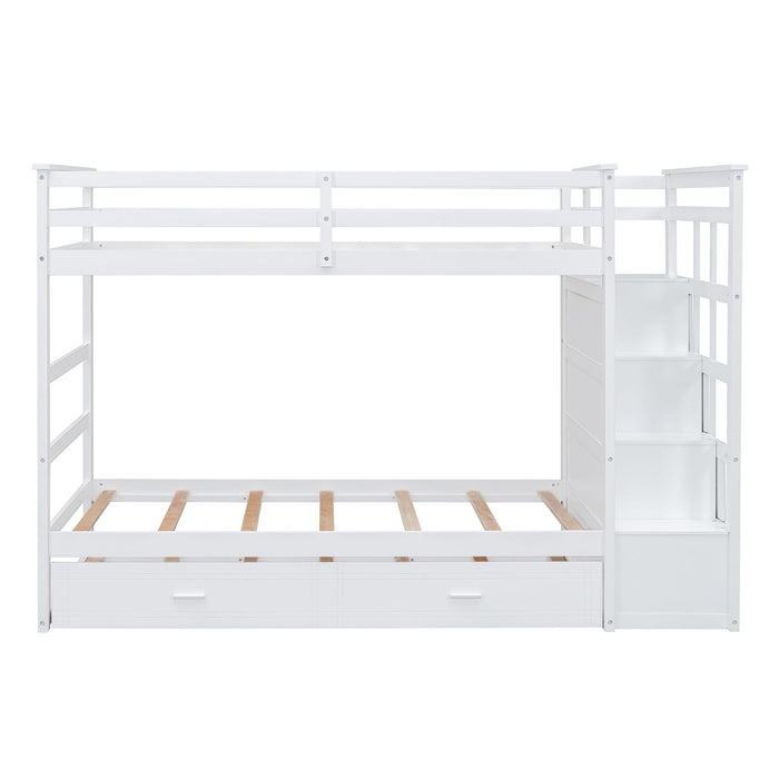 Twin Over Twin Bunk Bed With Trundle And Staircase, White