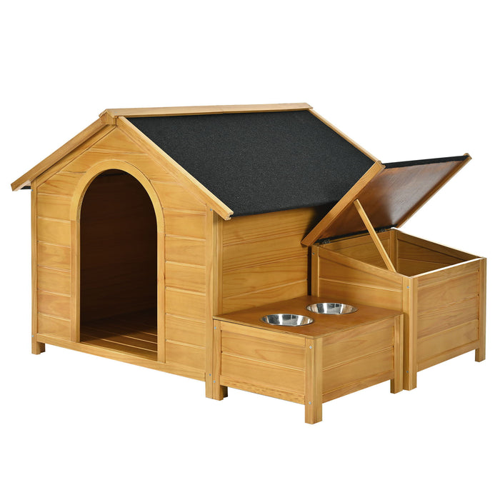 Large Size Wooden Dog House, Dog Crate For Large Dog Breeds, Cabin Style Raised Dog Shelter With Asphalt Roof, Solid Wood, Weatherproof, Nature