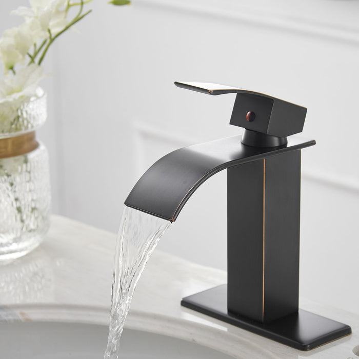 Waterfall Single Hole Single Handle Low Arc Bathroom Faucet With Pop Up Drain Assembly In Oil Rubbed Bronze