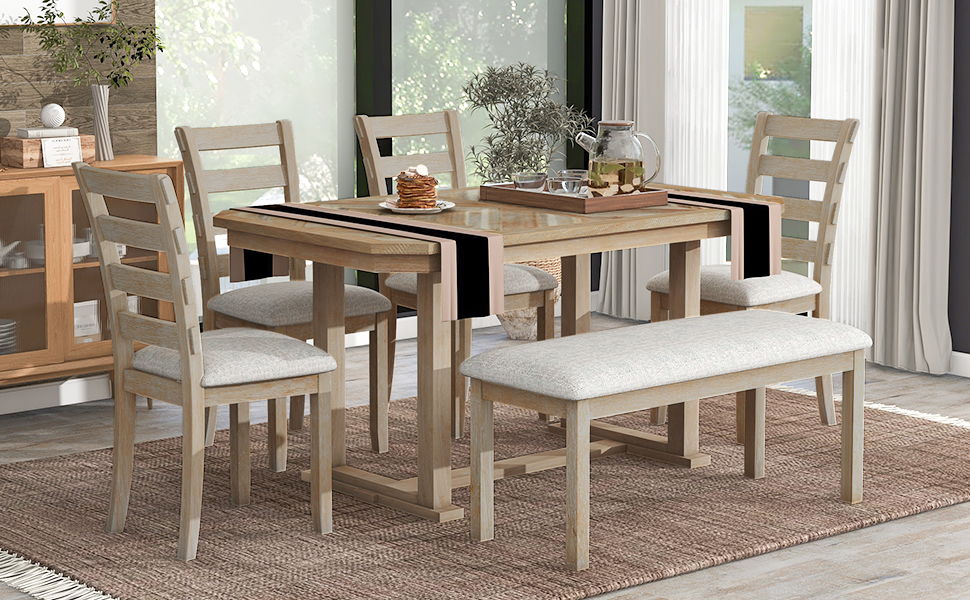 Trexm 6 Piece Rubber Wood Dining Table Set With Beautiful Wood Grain Pattern Tabletop Solid Wood Veneer And Soft Cushion (Natural Wood Wash)