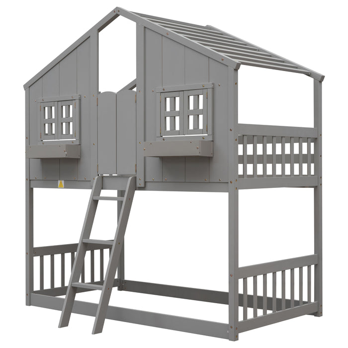 Twin Over Twin House Bunk Bed With Roof, Safety Guardrails And Ladder - Grey