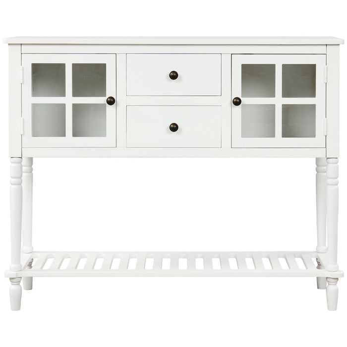 Trexm Sideboard Console Table With Bottom Shelf, Farmhouse Wood/Glass Buffet Storage Cabinet Living Room (White)